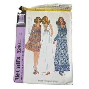 70s McCalls 3246 Vintage Sewing Pattern Size 9 Misses Junior Dresses Retro CUT
